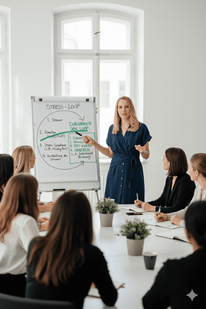 Stressmanagement Coach Sandra Geithner präsentiert am Flipchart den Kreislauf von Stress und zeigt Strategien auf, um diesen effektiv zu durchbrechen.