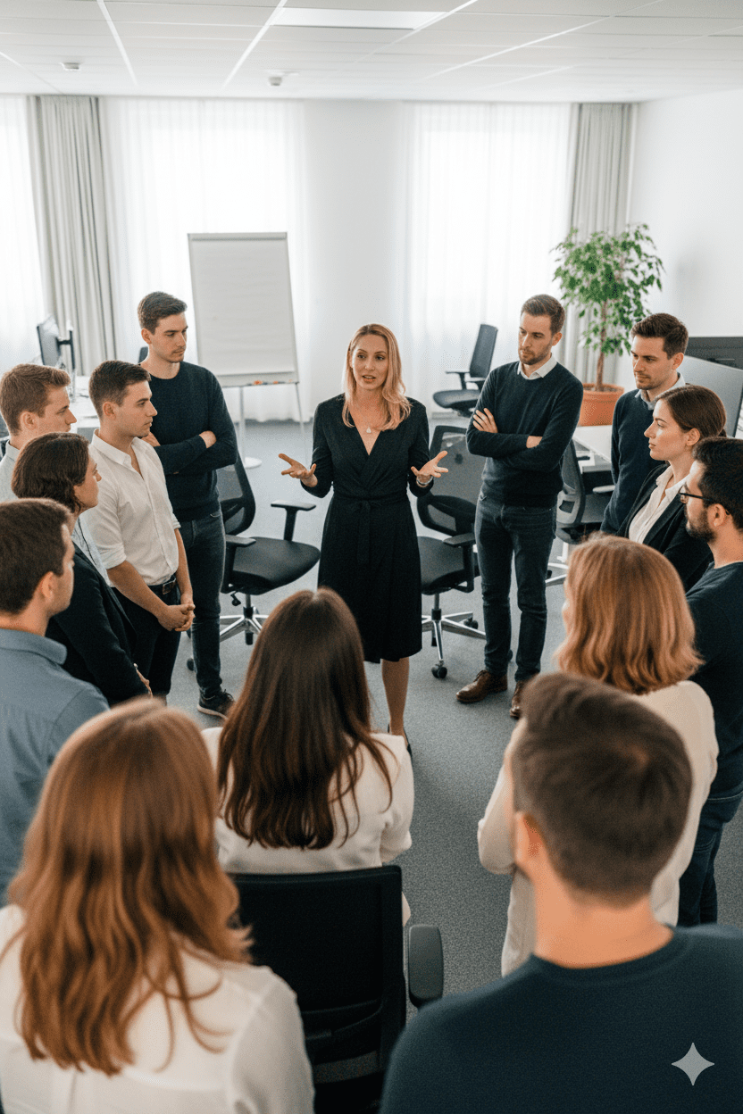 Sandra Geithner spricht leidenschaftlich zu einer stehenden Gruppe von Zuhörern in einem modernen Büroumfeld, die ihr gespannt folgen.
