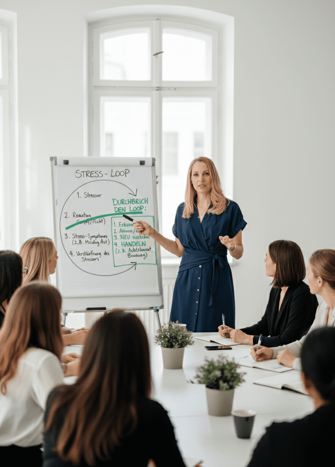 Sandra Geithner erklärt am Flipchart Methoden für Stressmanagement im Unternehmen mit Fokus auf Resilienz und Prävention