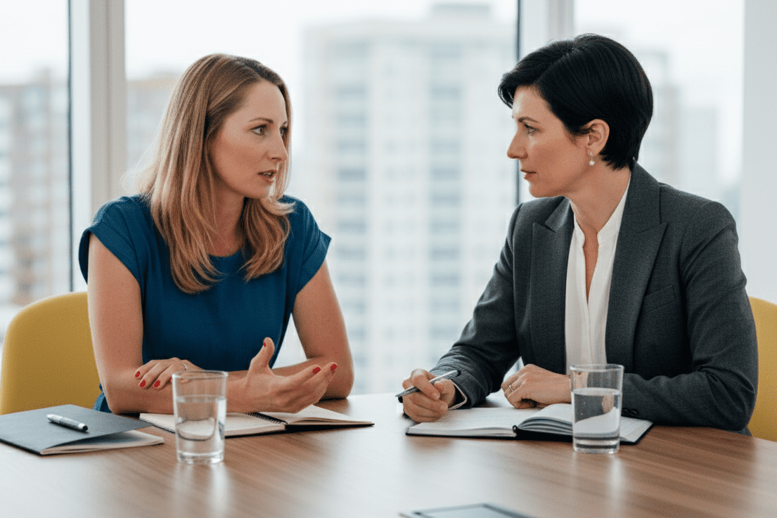 Coaching-Gespräch zur Burnout-Prävention als Teil von Stressmanagement im Unternehmen.